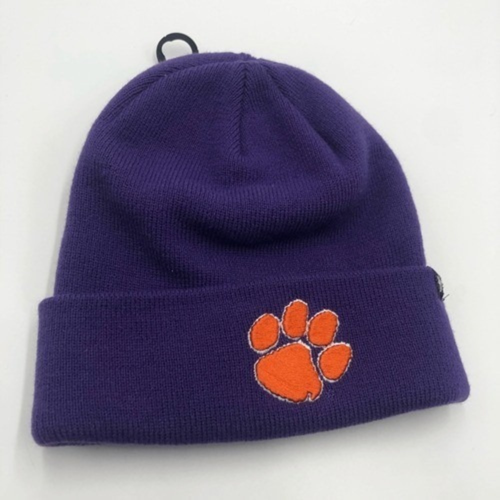 Clemson Tigers Beanie Hat Purple Knit Cuffed Stocking Cap Orange Paw Logo NCAA